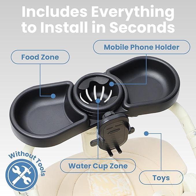 Snugbee Universal Stroller Tray with Cup Holder & Phone Mount – Fits iPhone 16 Pro Max – 360° Rotation, Easy Tool-Free Installation, Durable & Easy to Clean – Includes Instruction Manual