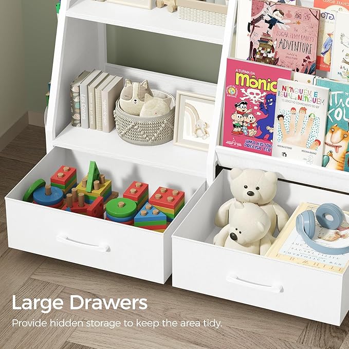 MAHANCRIS Kids Bookshelf and Toy Storage,3-Tier Sling Bookcase for Kids,Sturdy Toddler Bookshelf for Nursery,Playroom, Bedroom,White KBWT8401
