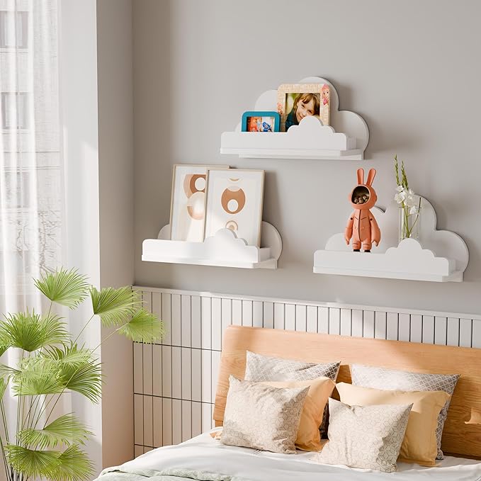 Cloud Shelves for Kid’s Room, 13’’ Long Nursery Wall Deor Set of 3, White Cloud Bookshelf Floating Shelf, Figure Shelf Wall Mounted, Cute Decorative Cloud Wall Shelf for Toys, Plants & Storage