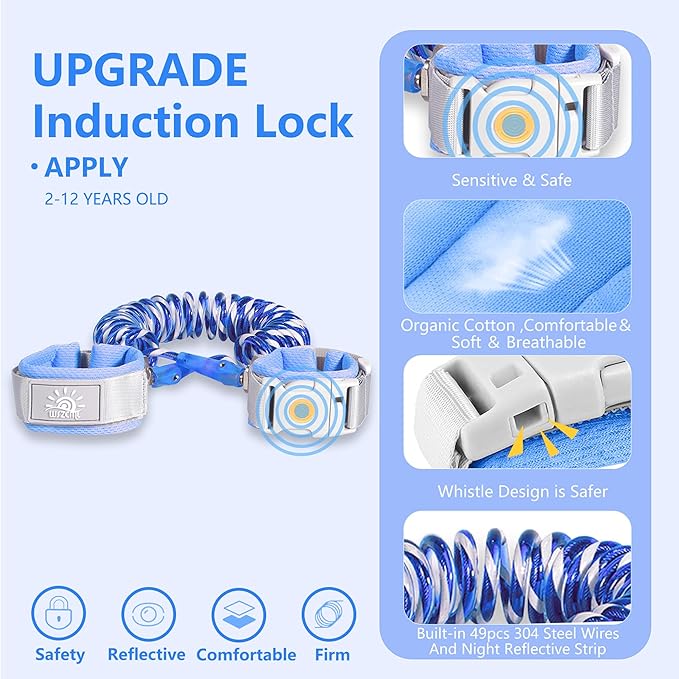 Anti Lost Wrist Link,Toddler Harness Walking Leash with Induction Lock,Reflective Child Wrist Leashes for Baby,6.56ft Kids Leash for Supermarket Mall Airport Amusement Park Zoo Travel（Blue）