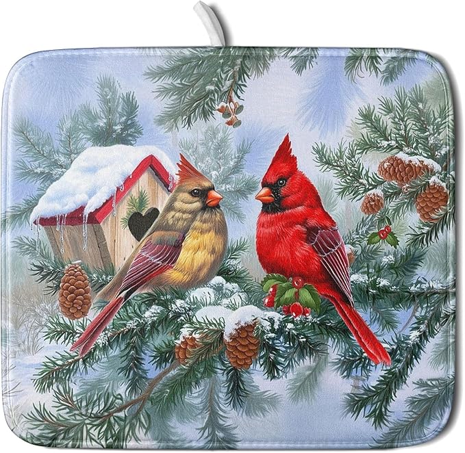 Winter Red Cardinal Bird Dish Drying Mat for Kitchen Counter,Holly Berry Branches Xmas Snowflake Cabin Drying Mat 16 x 18 Inch with High Absorbent Microfiber Drainer Mat for Coffee Bar