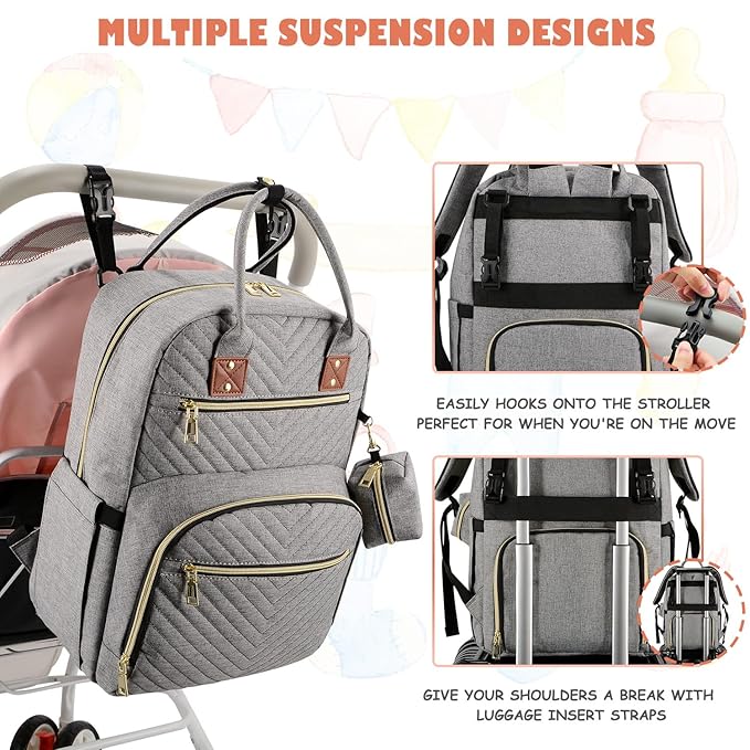 Tenot Baby Diaper Bag Backpack, Travel Diaper Bags for Baby Girl Boy Large Capacity Baby Bag Backpack for Women Grey