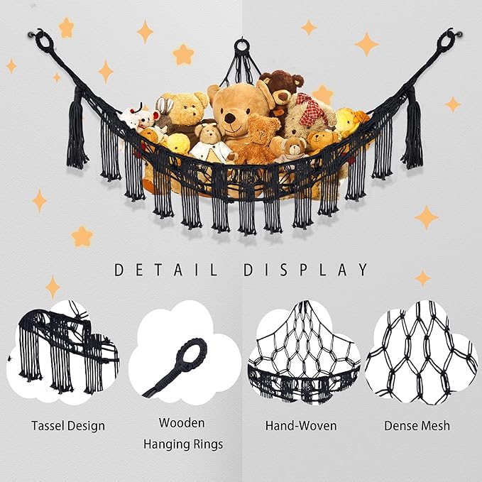 CERETIA Stuffed Animal Hammock with LED Light, Large Stuffed Animals Storage Corner Plushie Net for Kids Room Decor, 2 Packs Black