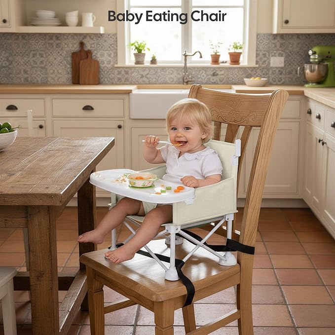 Cochildor 4-in-1 Portable Baby Chair, Foldable Toddler Booster Seat with Removable Tray, Canopy & Safety Harness, Beige