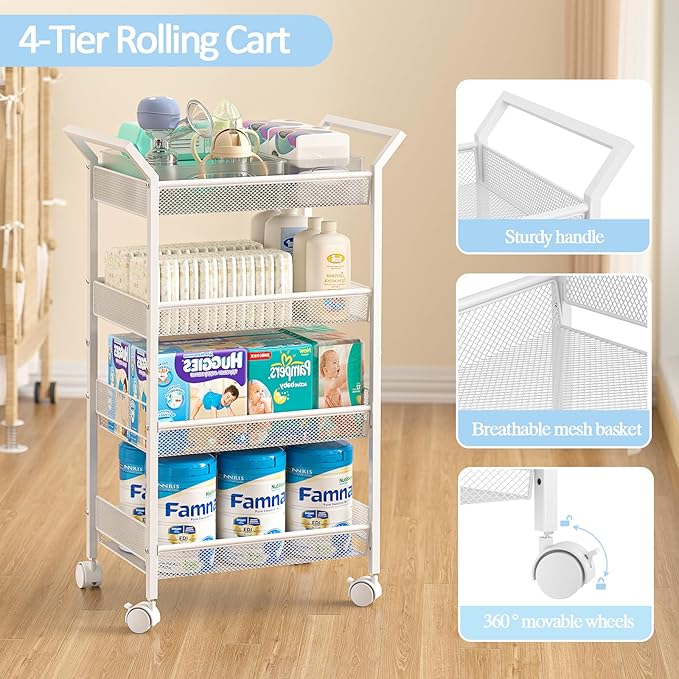 2 Pack Baby Diaper Caddy Cart, 4-Tier Diaper Caddy Organizer and Storage, Rolling Utility Cart for Baby Supplies, Diaper Cart with Wheels for Bedroom, Nursery, Changing Table, White