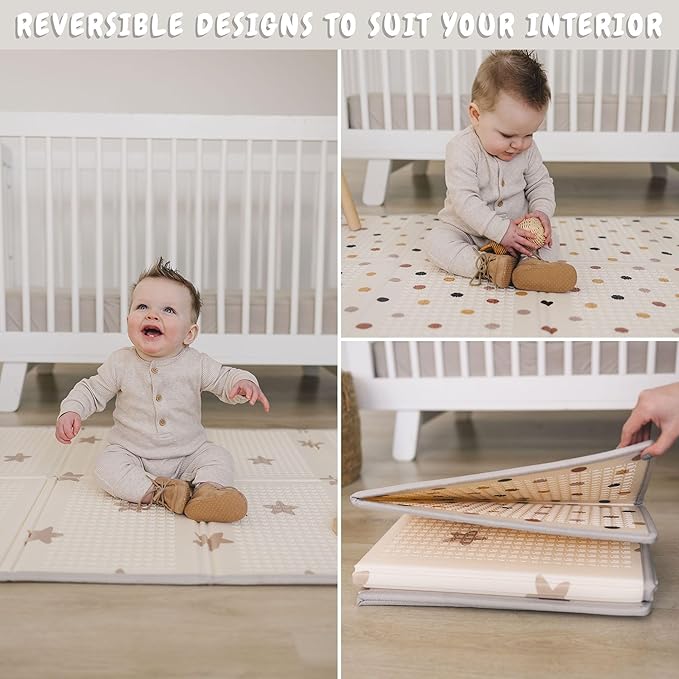 Bubba Bear Baby Play Mat, Thick Foam with Pattern Design, Foldable Waterproof Padded Crawling Mat for Babies (Beige Stars, 47 x 35 Inches)