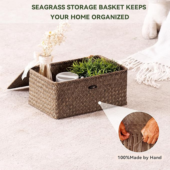 Nonam Storage Basket with Lid, Natural Seagrass Bin with Lid Set of 2, Shelf Baskets Multipurpose Container for Boho Decoration, Rectangular Household Storage Boxes for Home Organization-Coffee