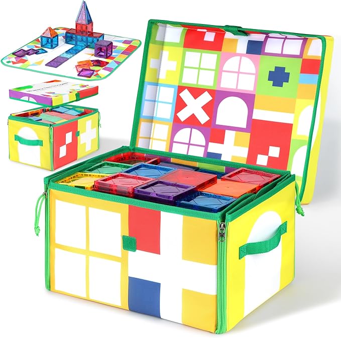 Magnetic Tiles Storage Bin & Interactive Playmat - Foldable Toy Organizer for Magnetic Tile, Portable Kids Storage with Handles,12.6x11.4x7.7inPlay Space for Home,Travel,Classroom,Outdoor Adventures