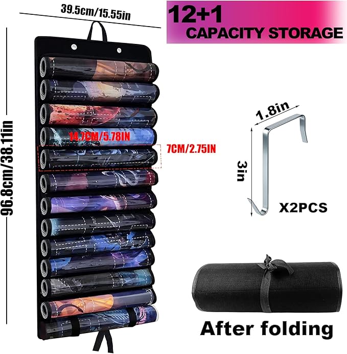 Playmat Holder, Playmat Tube Storage Bag for MTG with 2 Hooks, Fits 12+1 Game Mats & Tubes with Transparent Plastic Slots, Portable Organizer Case for TCG/RPG Mat (Blue)