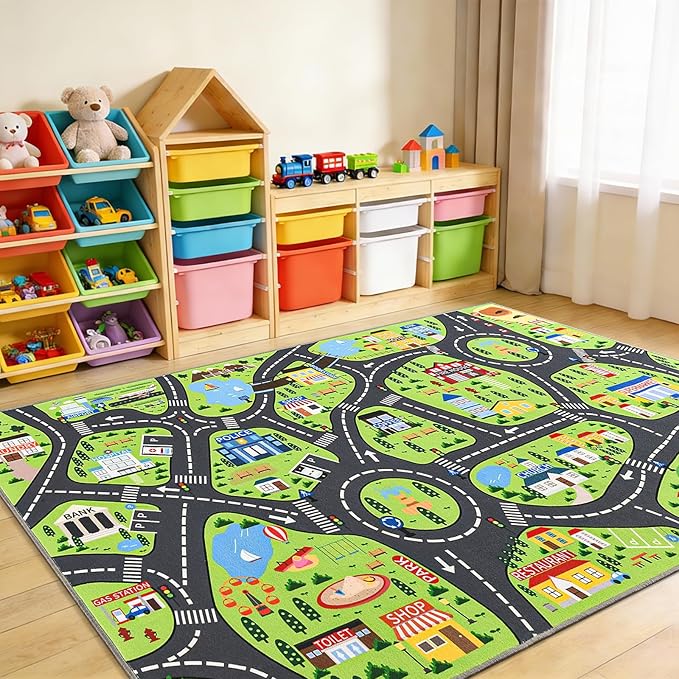 Kids Car Play Rugs - 5x7ft Learning and Fun City Road Map Play Mat for Playing with Cars Trucks, Non-Slip Playmat for Nursery, Playroom Bedroom and Classroom, Machine Washable