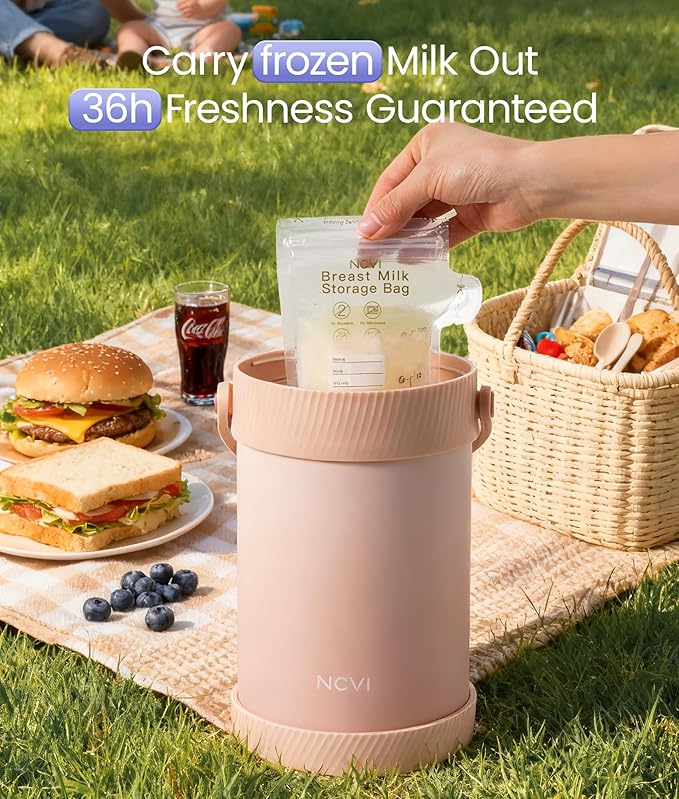 NCVI Portable Breast Milk Chiller Thermos Bottle(Wide-Mouth), Stainless Steel Baby Milk Cooler for Travel Work, Refrigerated Milk Freezer with Gel Tube Suitable for Milk Storage Bags, Pink 20fl oz