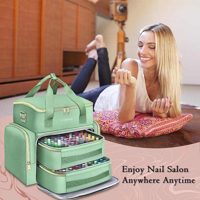 YOREPEK Extra Large Nail Polish Organizer Case Holds 96 to 100+ Bottles (15ml/0.5 fl.oz) UV lamp, Gel Polish Travel Case Bag with 2 Removable Pouches Fits Nail Suppiles, Gift for Manicurist, Green