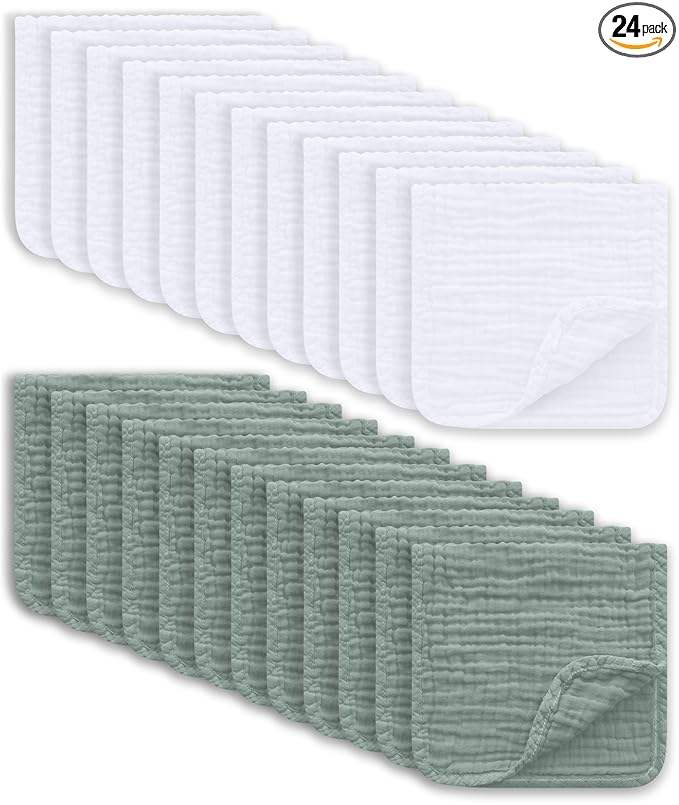 Ease Cubs Muslin Burp Cloths Large 100% Cotton Hand Washcloths for Boys & Girls, Baby Essentials Extra Absorbent and Soft Burping Rags for Newborn Registry (White & Green, 24-Pack, 20" X10")