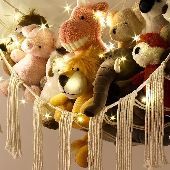 Stuffed Animal Hammock Corner Storage with LED Light - Toy Hammock Large Plushie Net - Stuffed Animal Holder Hanging Organizer - Teddy Bear Hammocks Room Decorations Preppy Toddler Kids Room Decor