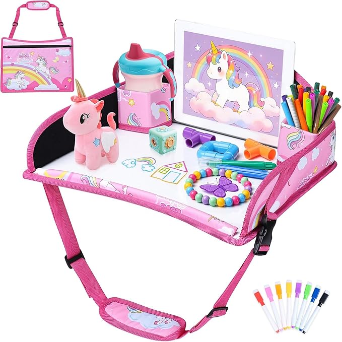 Kids Travel Tray for Toddler Carseat, Road Trip Activities Essentials, Kids Lap Desk Tray with Tablet Holder Stand and Dry Erase Board, Pink Unicorn