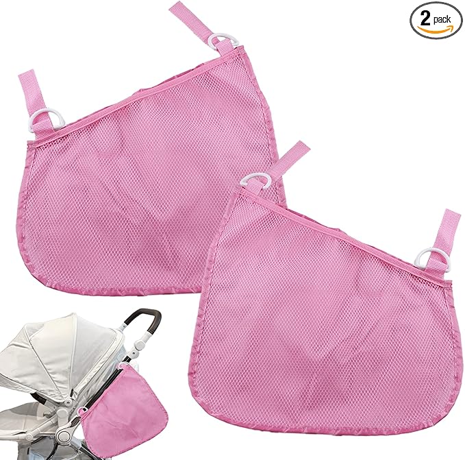 LiXiongBao 2 Pcs Side Sling Stroller Cargo Net,Universal Stroller Organizer Attachment Bag for Storage,Non-Slip and Adjustable Straps Portable Side Sling Storage Mesh Organizer(Pink)