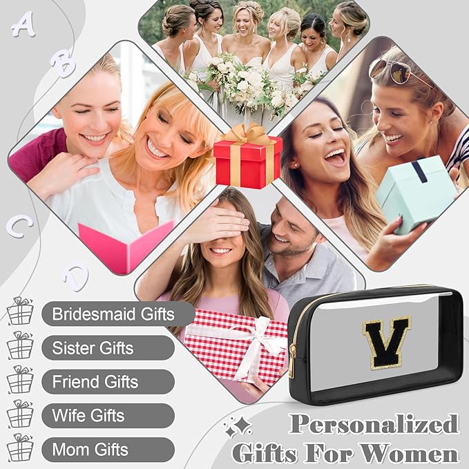 Personalized Initial Letter Clear Makeup Bag,Preppy Small Nylon&PVC Cosmetic Zipper Bag with Chenille Letter,Travel Skincare Toiletry Bag,Monogram Christmas Gift for Teen Girls Women,V