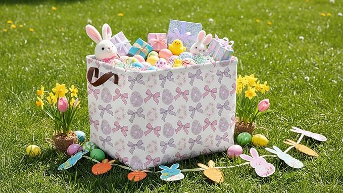 HKEC Rectangle Easter Basket Empty,Easter Gift Bakset for Kids,Easter Basket for Egg Hunting,Toys Bin with Handles,Room Decor(Bowknot Easter Basket)