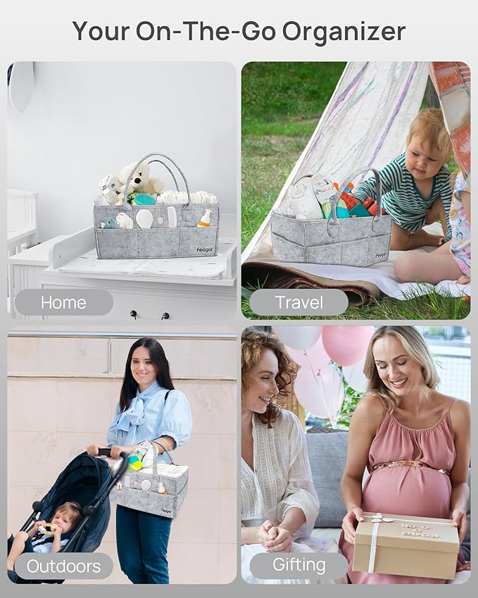 Feagar Baby Diaper Caddy Organizer, 15 Inch Large with 8 Pockets & 2 Dividers, Portable Nursery Storage Basket & Car Organizer for Changing Table, Travel (Grey)
