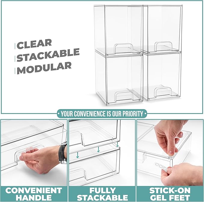 Sorbus Stackable Acrylic Storage Drawers, 4 Pack Clear Plastic Organizer Bins for Baby Bottles, Makeup, Bathroom, Vanity & Kitchen Countertop Organization, Pull-Out Drawer Design for Cabinets & Pantry
