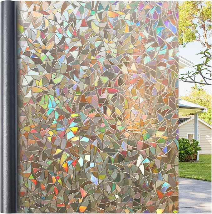 Haton Window Privacy Film, Stained Glass Rainbow Film Decorative Window Clings, Static Cling Sun Blocking Sticker Decal Covering Tint for Home Heat Control, Non-Adhesive, Brown 35.4" x 157.4"