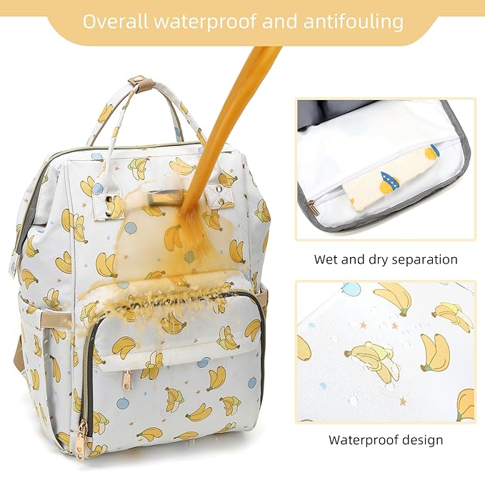 GAIVP Diaper Bag Backpack, Diaper Bags for Baby Girls Boys, Baby Bags for Moms Dads, Nappy Changing Bag with Insulated Pockets,Multi-functional Waterproof Backpack with Stroller straps -Beige Banana