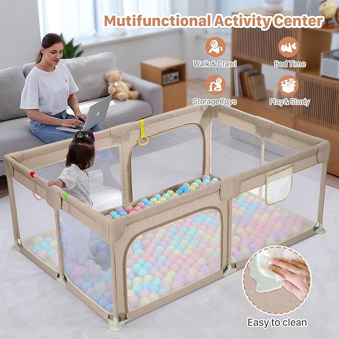 Dripex Large Baby Playpen 71×47 Inch, Big Play Pens for Babies and Toddlers- Indoor & Outdoor Kids Safe Play Area, Soft Breathable Visible Mesh, Anti-Fall & Anti-Slip Design Baby Fence, Khaki