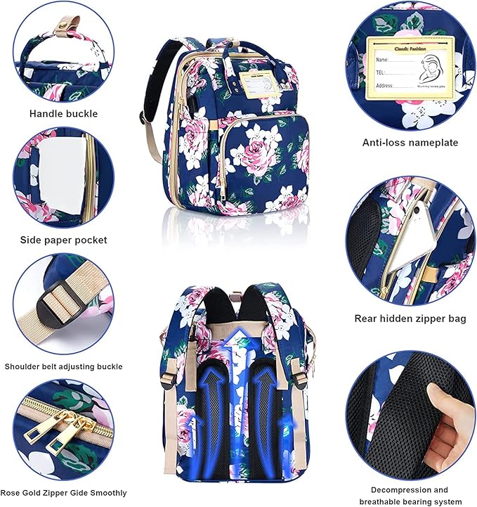 GurZinn Diaper Bag Backpack with Changing Station, Foldable for Bady Toddler, 3 in 1 Large Capacity Newborn Essentials Organizer with Stroller Hook for Girls and Boys（Blue）