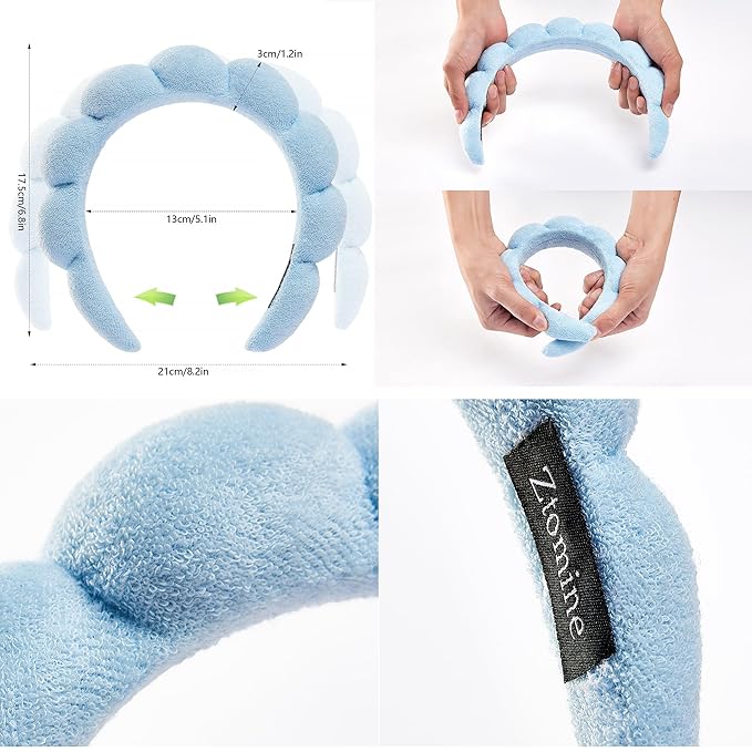 Spa Terry Cloth Facial Headbands, Set of 2 Skincare Combo Pack - Puffy Makeup Headbands for Face Washing and Masks (Blue + Dark Khaki)