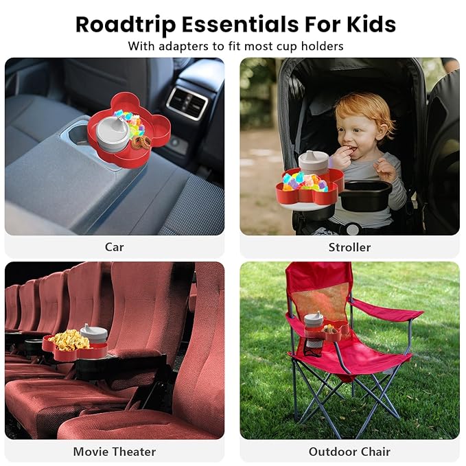 Red Car Seat Tray - Convert Cup Holder to Snacks & Toys Tray, 360 Rotatable for Kids Travel, Booster & Stroller