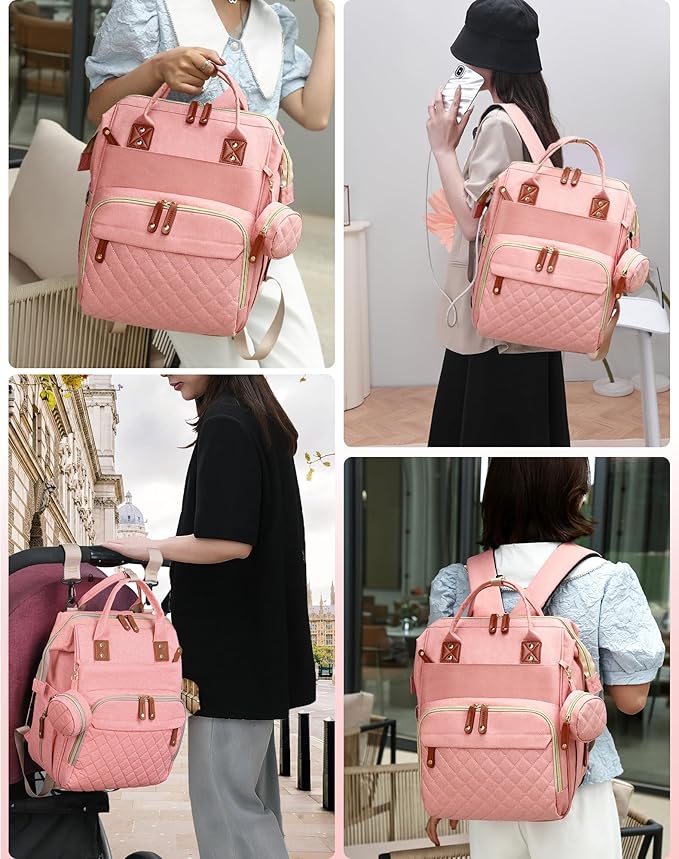 Lamroro Diaper Bag with Changing Station, Waterproof 3 in 1 Baby Diaper Backpack with Foldable Changing Pad, Large Travel Back Pack for Baby Girl Boy, Peach Pink