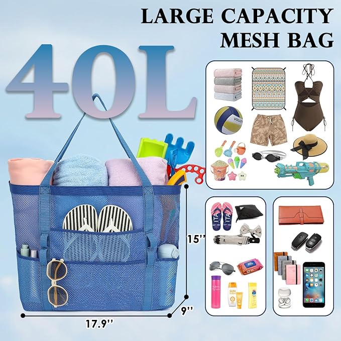 Mesh Beach Bag, Large Beach Tote with Zipper Pocket for Family Pool Bag for Toys & Vacation Essentials