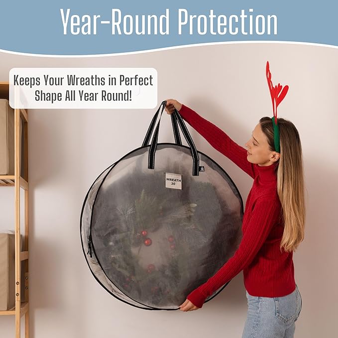 VENO 30 Inch Wreath Storage Container, 4 Pack Clear Round Christmas Wreath Storage Bag, Heavy Duty Clear Holder with Wall Hanging Handles