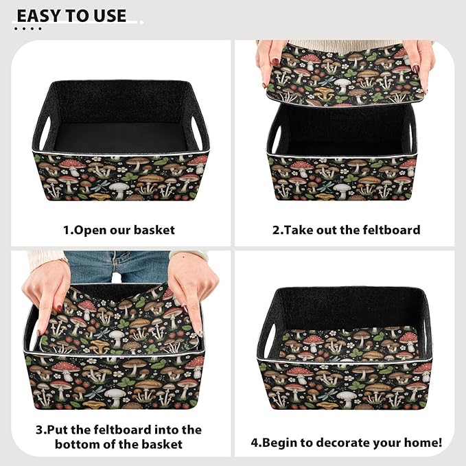 Emelivor Mushrooms Black Storage Basket Bins Set (2pcs) Felt Foldable Storage Bins with Handles Foldable Storage Baskets Boxes for Office Bedroom Closet Babies Nursery DVD Laundry