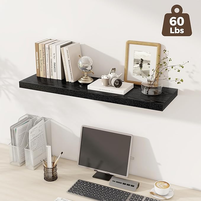 Fun Memories 12 Deep Floating Shelves, 40W x 12D Floating Shelves for Wall Set of 2, Extra Deeper Hanging Wood Shelves for Wall for Living Room Kitchen Laundry Room Kitchen Home Office - Black