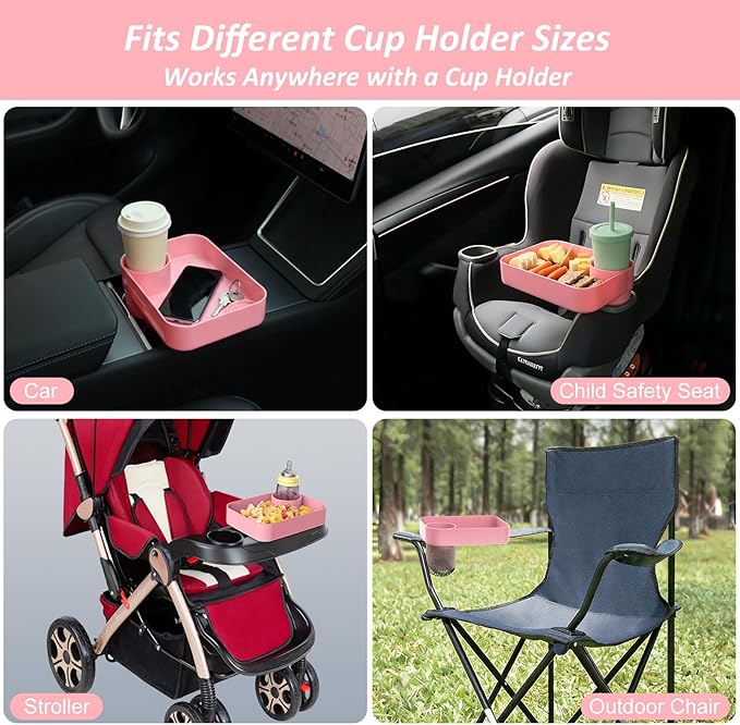 Car Seat Snack Tray for Kids, Mess-Free Square Travel Tray Cup Holder Snack Tray, Durable Car Food Tray for Toddlers, Universal Fit Kids Travel Road Trip Essentials (Pink)