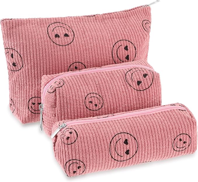 3 Pcs Makeup Bag Set for Women Corduroy Cosmetic Pouch Aesthetic Smile Travel Toiletry Bag Cute Purse Pouch Pencil Case Makeup Brushes Storage Organizer with Zipper(Pink,Smile Face)