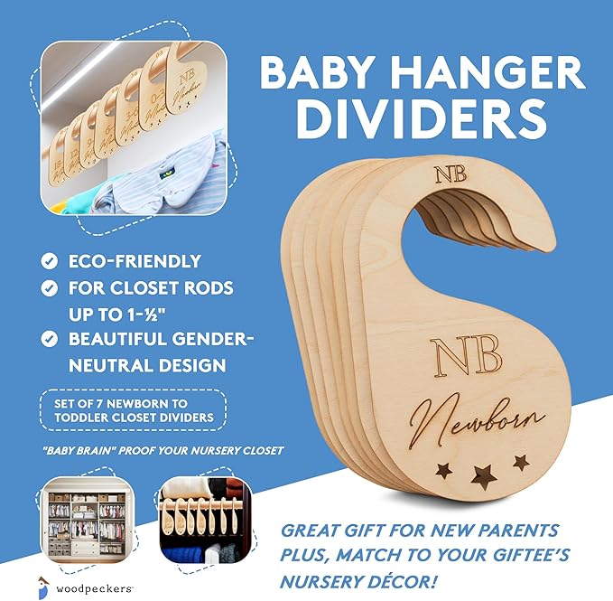 Baby Closet Dividers, Set of 7 Baby Clothes Organizer, Wooden Baby Closet Organizer for Nursery, Size Newborn to Toddler, Baby Clothes Dividers for Closet Hanging on Standard Rod