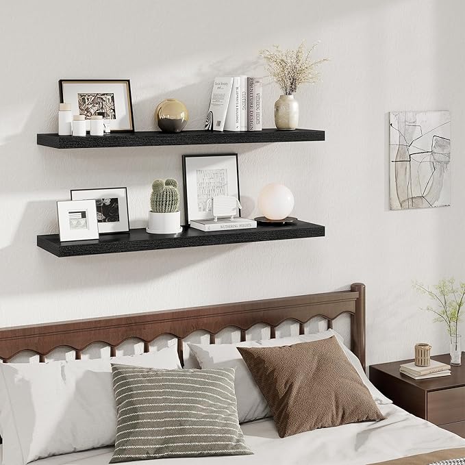 Fun Memories 12 Deep Floating Shelves for Wall, 48W x 12D Extra Large Floating Shelves Set of 2, Hanging Wood Wall Shelves for Living Room, Kitchen, Bedroom, Farmhouse, Laundry Room, Office - Black