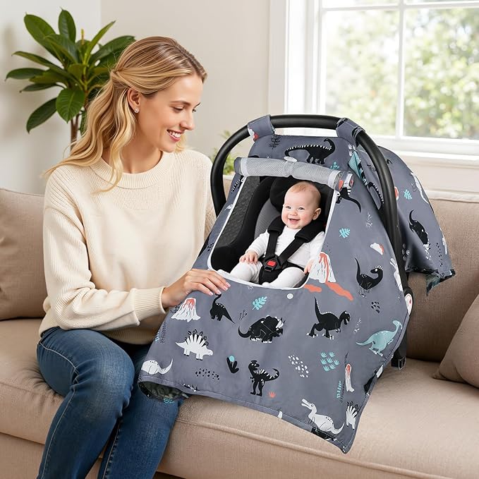 Car Seat Cover Baby, Carseat Covers Baby with 2 Layers Breathable Zipper Windows, Windproof Infant Car Seat Cover, Kick-Proof Baby Carrier Cover for Baby Boy Newborn Essentials