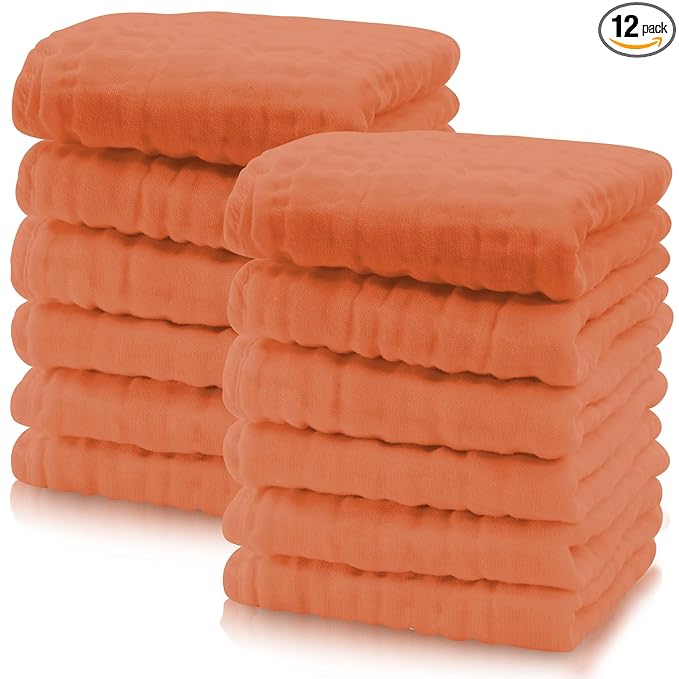 Cute Castle 12 Pack Muslin Baby Washcloths - Large 12'' by 12'' - Ultra Soft 100% Cotton - Super Absorbent Burp Cloths for Unisex, Boy, Girl -Vermilion