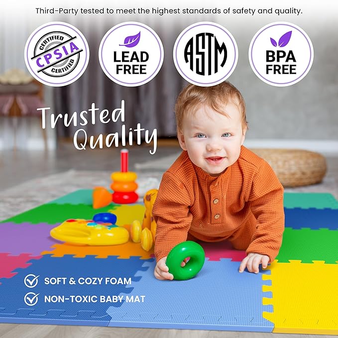 36 Tiles with Borders | 12" x 12" Baby Play Mat Foam Puzzle Floor Tiles | Non-Toxic Soft Waterproof Interlocking EVA Playmat for Nursery Playroom Playpen Toddler Tummy Mat