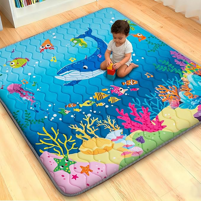 Baby Play Mat for Floor, 71'' x 59'' Thicken Foam Soft Padded Mat for Baby, Playpen Mat for Toddlers Infant Kids, Machine Washable, Non-Slip Bottom Safe for Crawling (Sea)
