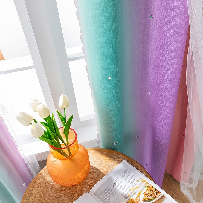 XiDi Dream Star Blackout Curtains for Kids Rooms Girl Princess Curtain for Daughter Bedroom Window (Pink Purple Green, W52 X L72)