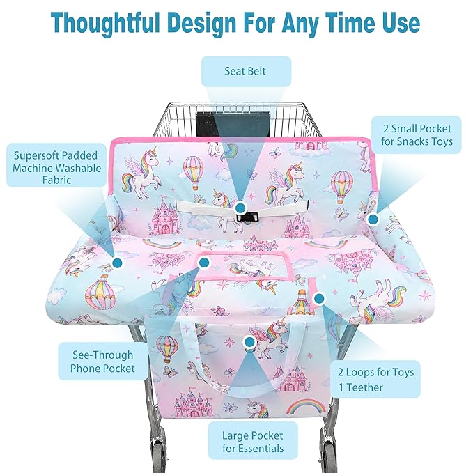 Shopping Cart Cover for Baby,2-in-1 High Chair Cover Soft,Portable, and Machine Washable,Comfortable Cotton Seat Pad with Safety Harness and Portable Cloth Bag,Fits All Supermarkets and Restaurants