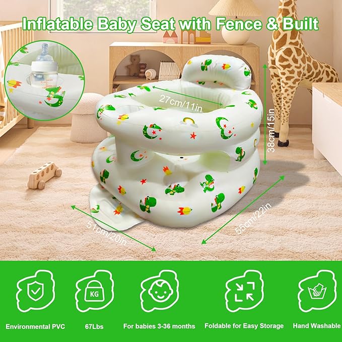 Inflatable Baby Seat for Babies 3-36 Months, Baby Chair with Fence & Built in Air Pump, Blow Up Floor Seat with Back Support, Inflatable Infant Chair Sit Me Up for Home, Travel Green Dinosaur
