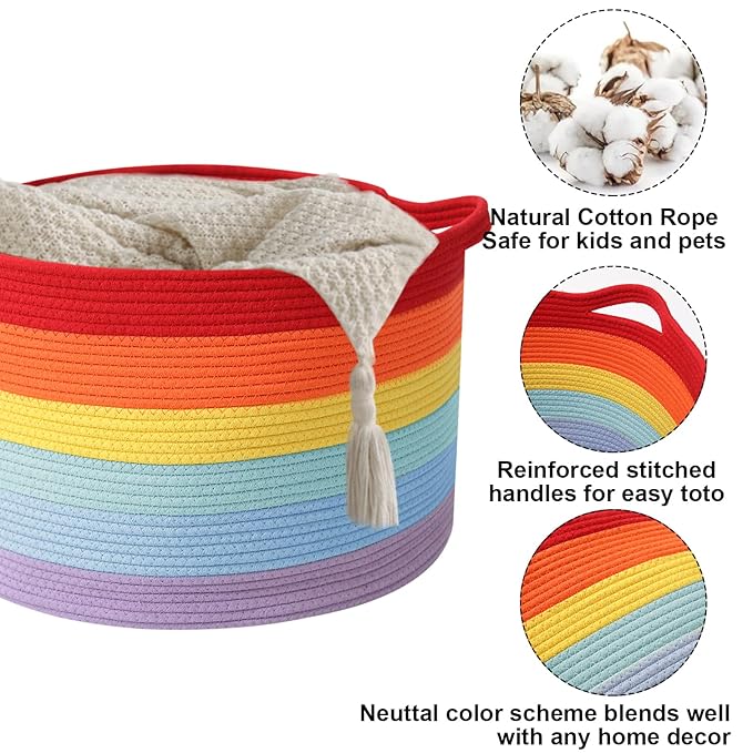 Large Storage Basket with Handle,23.6" x 23.6" x 15.7" Blanket Basket Storage Bins for Organizing,115L Cotton Rope Woven Baskets for Living Room, Nursery,Bedroom,Rainbow