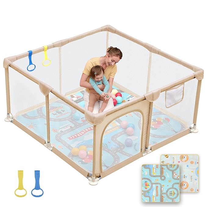 Dripex Baby Playpen with Mat, 47"x47" Play Pen for Toddlers 1-3 Years, Soft Breathable Visible Mesh, Indoor/Outdoor Portable Play Yard with Mat, Safe Baby Fence Play Area, Beige