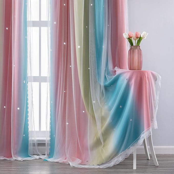 XiDi Curtains for Bedroom Decor, Rainbow Pink-Blue-52-45
