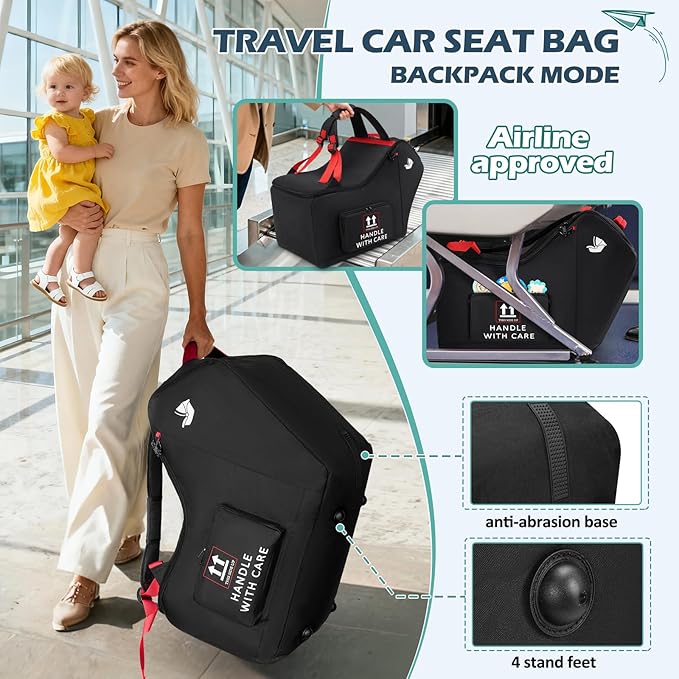RAINSMORE Infant Car Seat Travel Bag for Airplane Compatible with All Nuna Pipa Car Seat and Base Chicco KeyFit 30 and Base Padded Car Seat Backpack for Travel Carseat Gate Check Bag with Side Pocket
